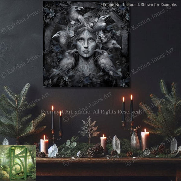 a dark, moody scene with a central figure of a woman surrounded by birds and flowers. The background is dark, creating a sense of mystery and intrigue. The scene is further enhanced by the presence of candles and pine cones, adding to the overall ambiance. The image is a collage of various elements, including a framed artwork, pine cones, candles, and a dark background. The phrase "EVERMYST ART STUDIO" is visible, indicating the source or artist of the image.