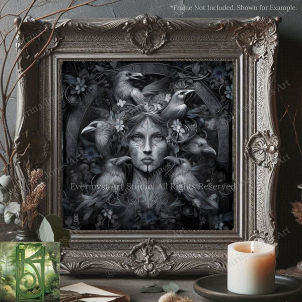 a framed artwork depicting a woman surrounded by a flock of birds, with intricate floral and ornamental designs. The artwork is displayed on a wooden surface, with a lit candle and some decorative branches in the background.