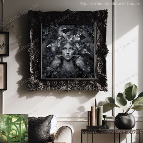 a large, ornate black frame hanging on a wall, with a black and white illustration of a woman's face surrounded by birds. The frame is placed above a small table with a plant and some books.