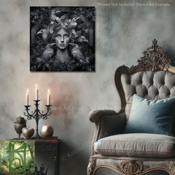 a dark, moody scene with a large, ornate chair, a table with a candelabra, and a framed artwork depicting a woman with a bird-like face.