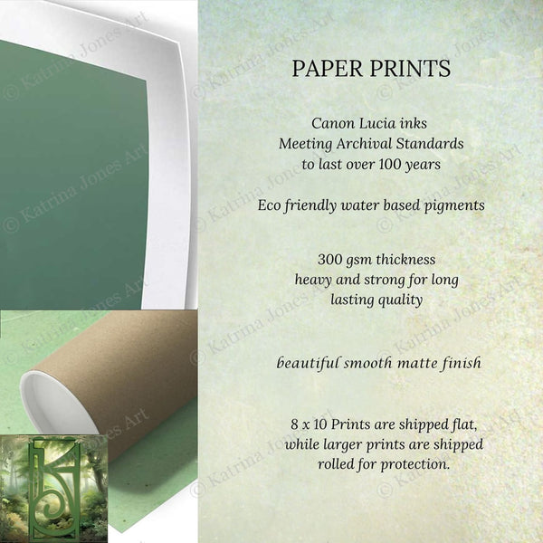 The image is a collage of two images. The left image is a green rectangle, and the right image is a brown cardboard tube. The text in the image provides information about paper prints, including that Canon Lucia inks meet Archival Standards to last over 100 years, and that the paper prints are eco-friendly, with 300 gsm thickness and a beautiful smooth matte finish.