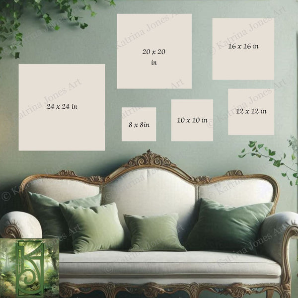 a white sofa with green throw pillows, set against a green wall with six framed artworks of varying sizes displayed above it.