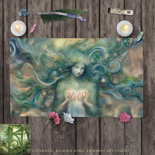 a painting of a woman surrounded by flowers and candles