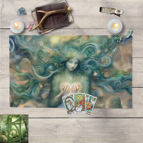 a painting of a woman surrounded by cards and candles