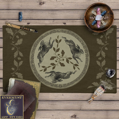 a placemat with a picture of two rabbits on it