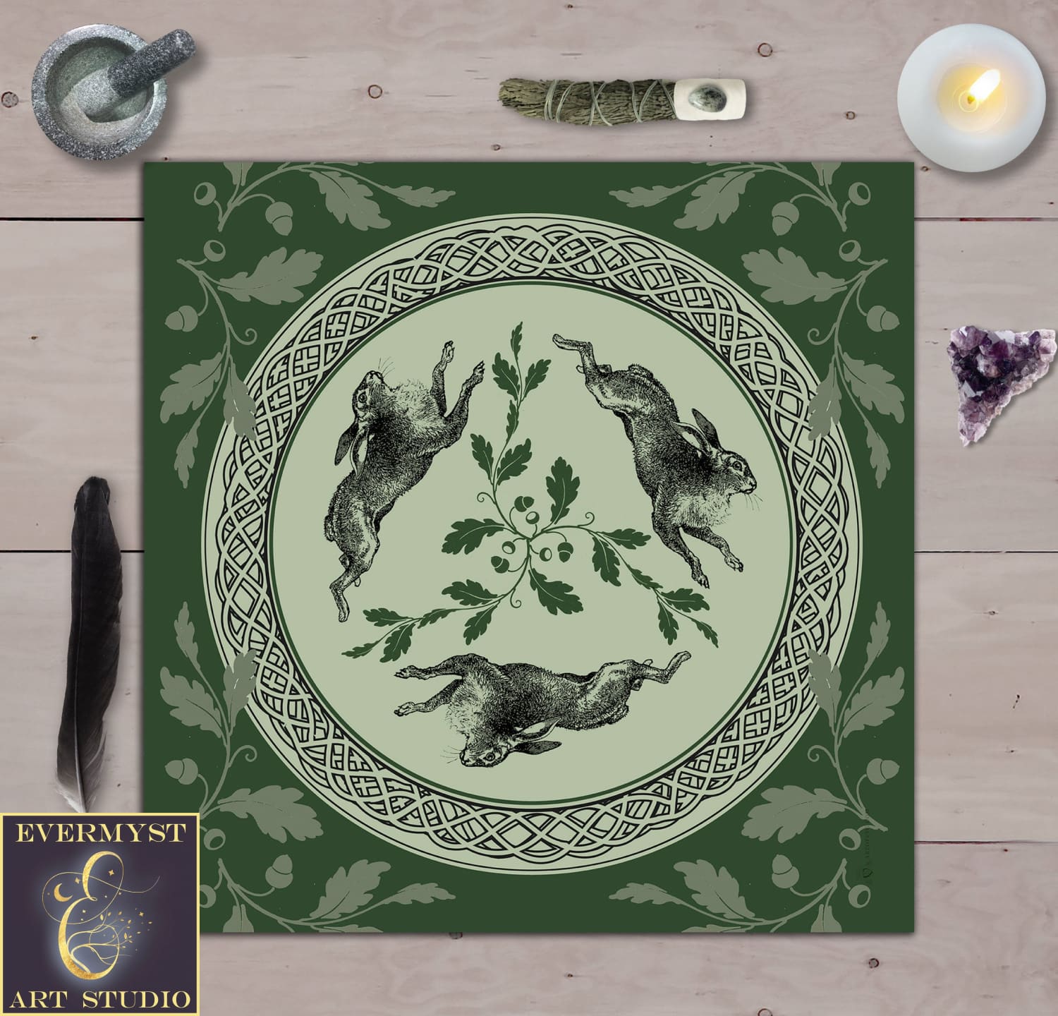 Celtic Hare Altar Cloth - Wiccan Pagan Decor With Rabbit Design Square