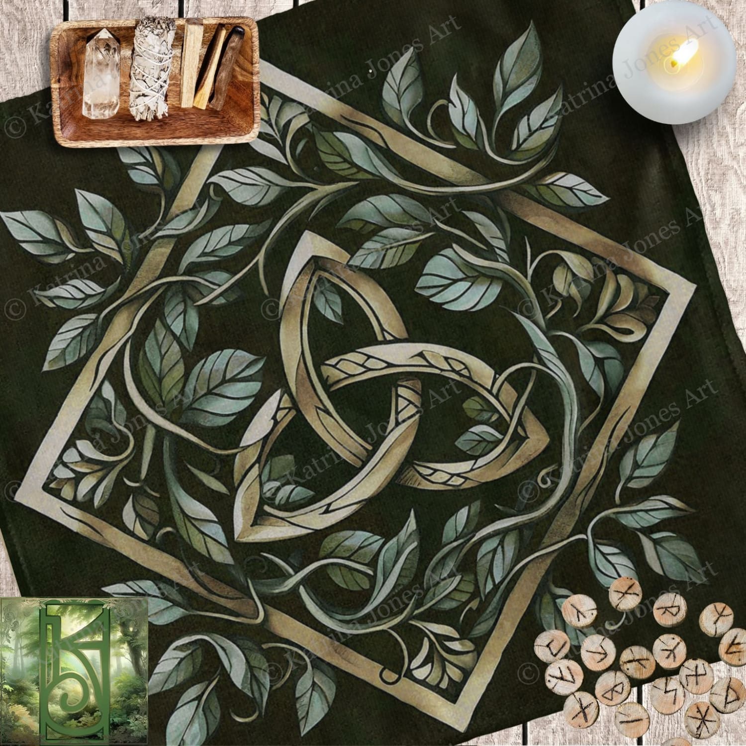 a table topped with candles and a rug