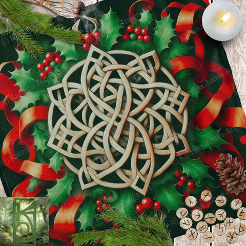 a table topped with a christmas themed table cloth
