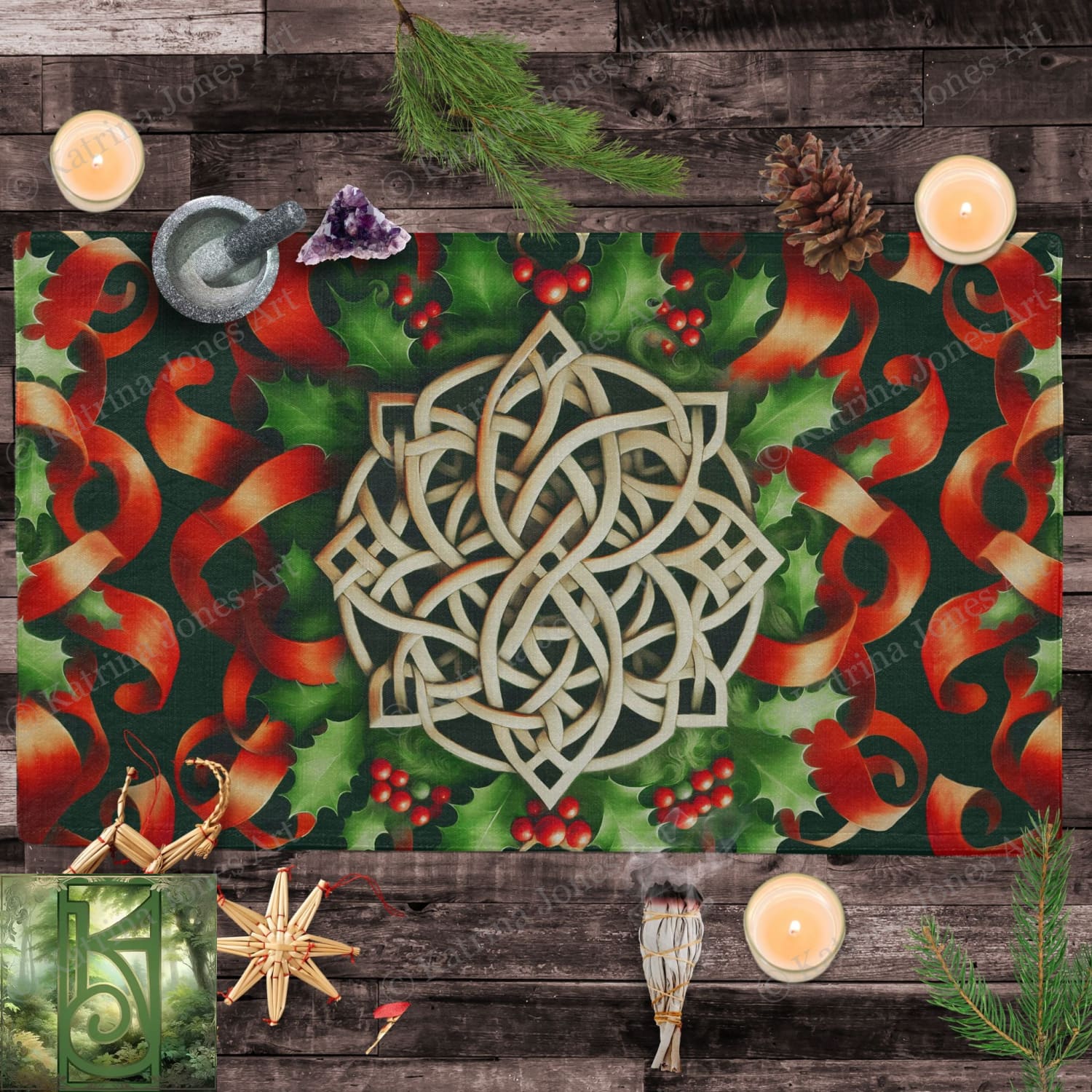 a table with candles, a candle holder and a place mat