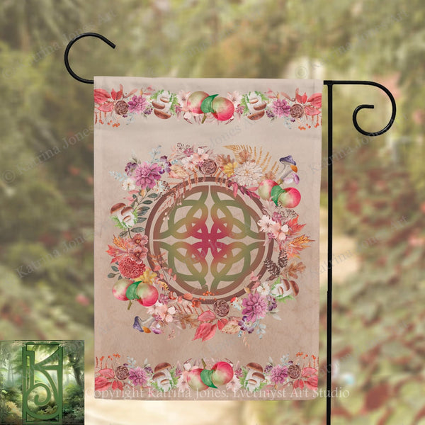 A banner with a circular design featuring a Celtic knot surrounded by various colorful flowers and fruits, such as apples and pears, against a blurred natural background.