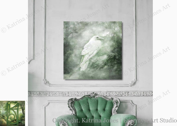 White Celtic Raven Painting - Mythic Creature Canvas Art