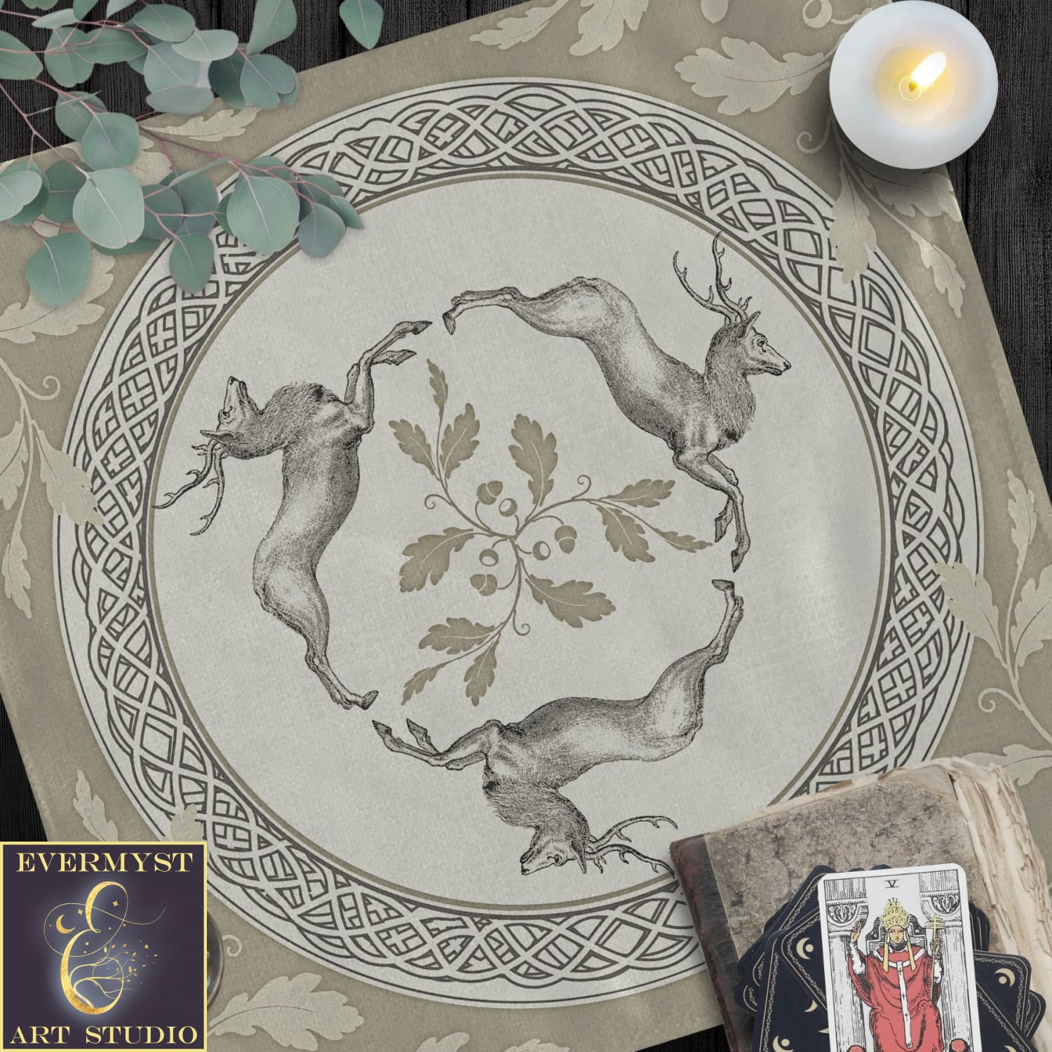 a table topped with a plate covered in animals