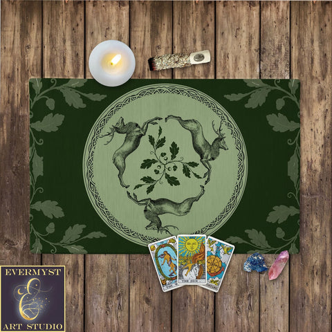 Celtic Stag Altar Tarot Cloth Mat Display Table Deer Buck Green Nature Cotton Twill Rec