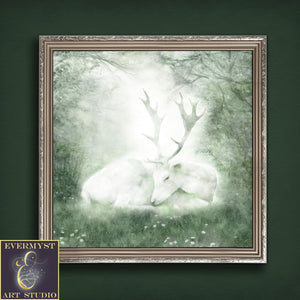 Celtic Stag Canvas Art - White Deer Mythic Creature Painting