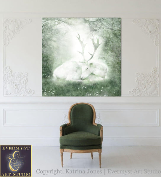 Celtic Stag Canvas Art - White Deer Mythic Creature Painting