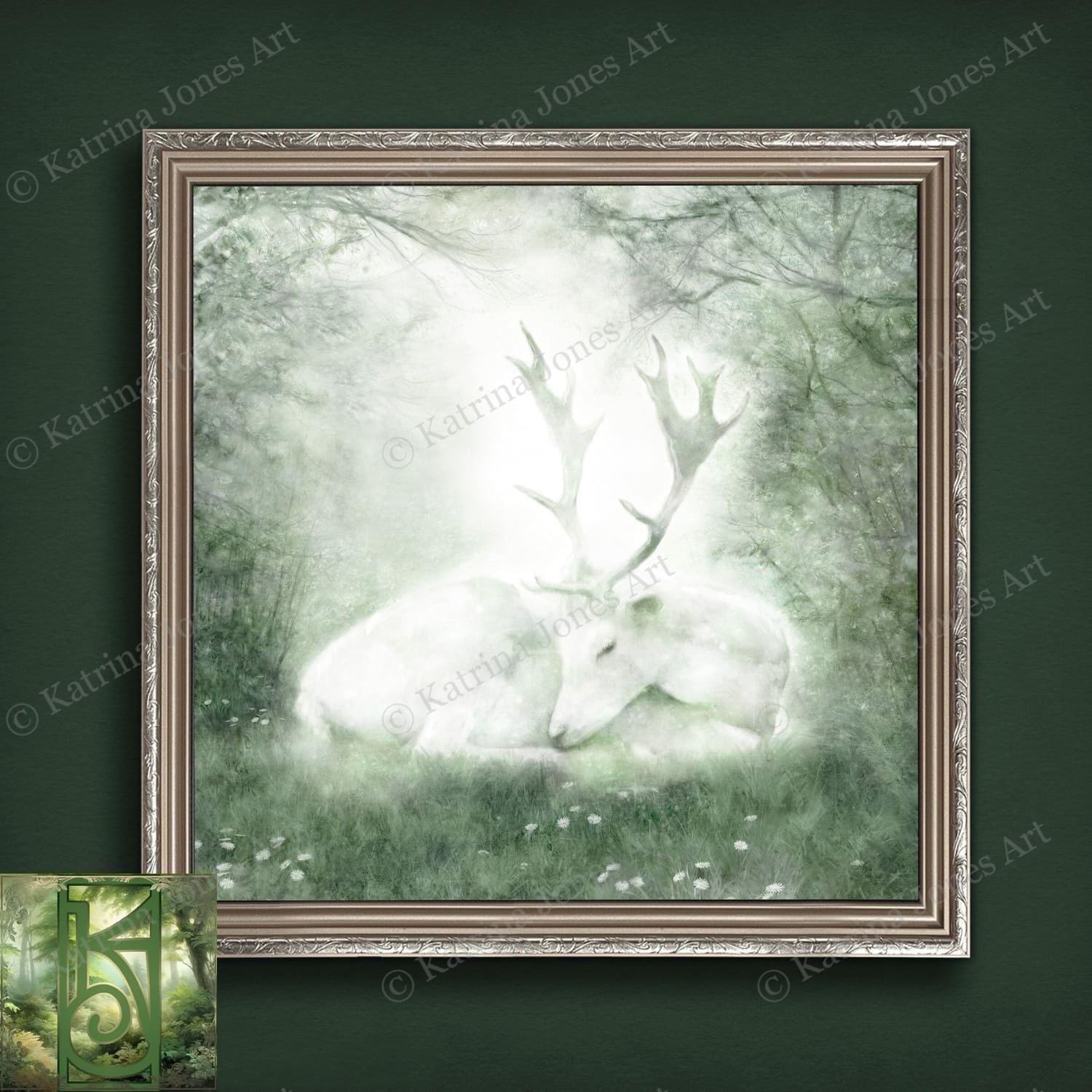 Celtic Stag Canvas Art - White Deer Mythic Creature Painting