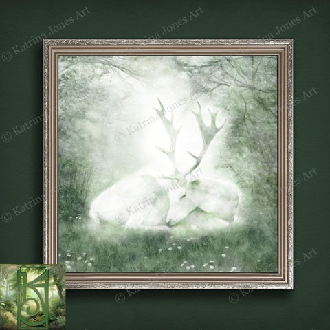 Celtic Stag Canvas Art - White Deer Mythic Creature Painting