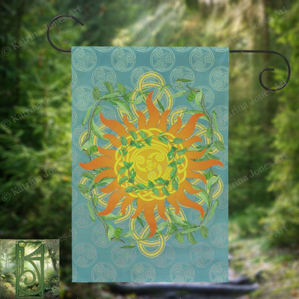 Summer Litha Garden Flag - Celtic Sun Greenery Motif