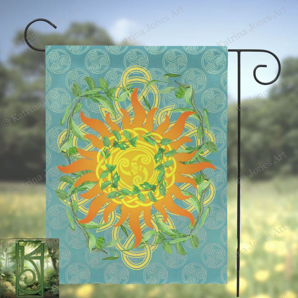 Summer Litha Garden Flag - Celtic Sun Greenery Motif