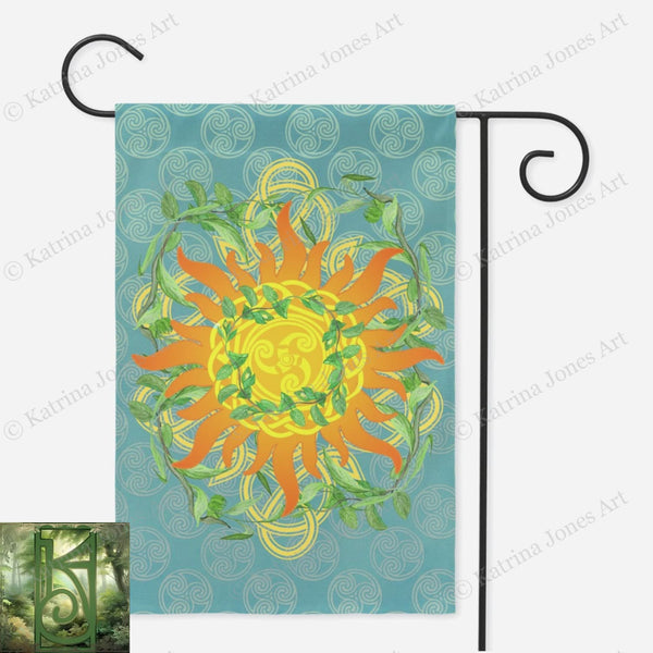 Summer Litha Garden Flag - Celtic Sun Greenery Motif