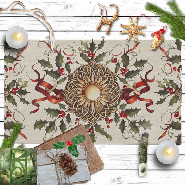 a table topped with candles and christmas decorations