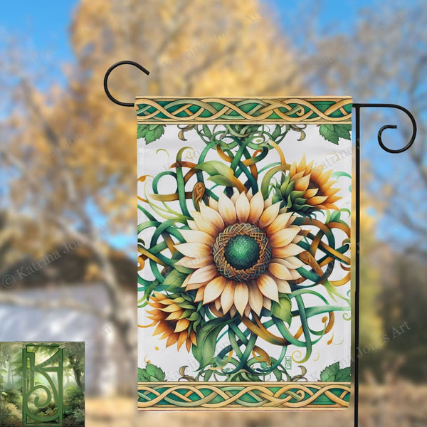 a decorative sunflower is hanging from a pole