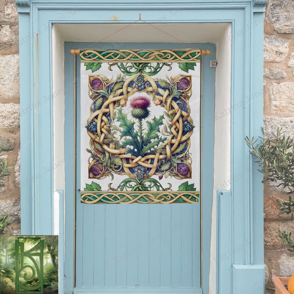 a blue door with a picture of a flower on it