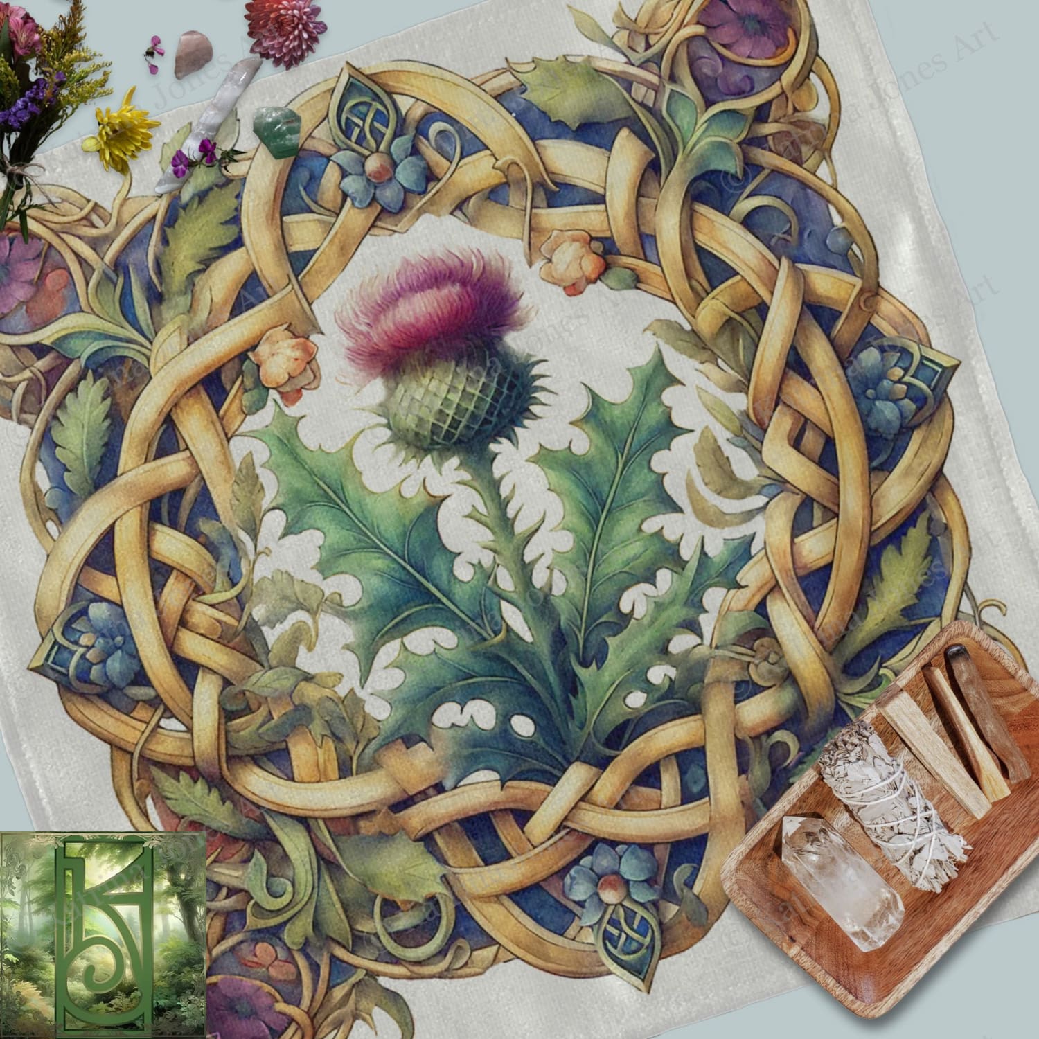 a painting of a thistle surrounded by leaves