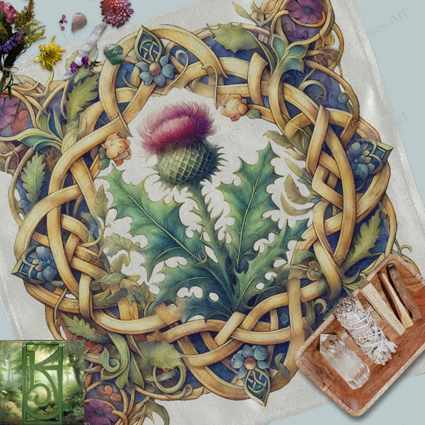 a painting of a thistle surrounded by leaves