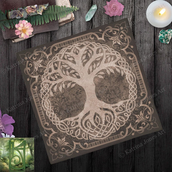 Tree Of Life Tarot Cloth - Celtic And Pagan Altar In Browntan Square