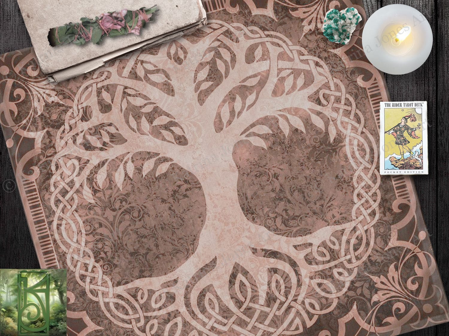 Tree Of Life Tarot Cloth - Celtic And Pagan Altar In Browntan 22X22 Inch Twill Square