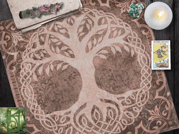 Tree Of Life Tarot Cloth - Celtic And Pagan Altar In Browntan 22X22 Inch Twill Square