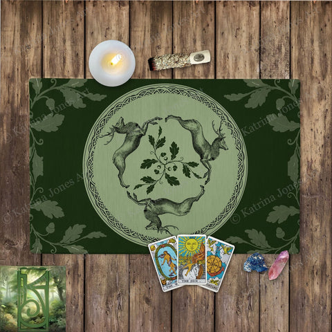 Celtic Stag Altar Tarot Cloth Mat Display Table Deer Buck Green Nature Cotton Twill Rec