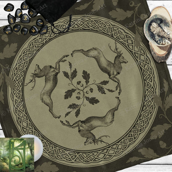 a table cloth with a picture of a deer and leaves on it