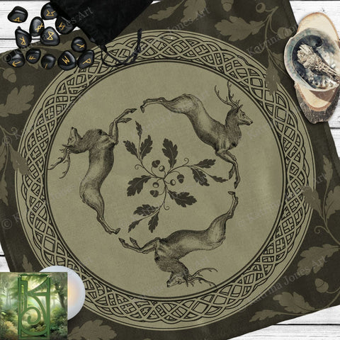 a table cloth with a picture of a deer and leaves on it