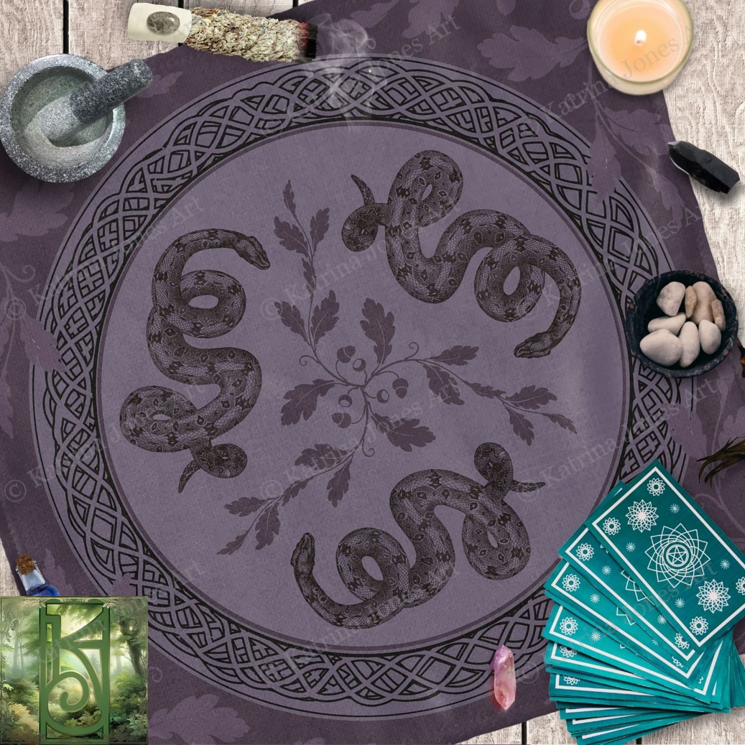 a table topped with a purple cloth covered in snakes