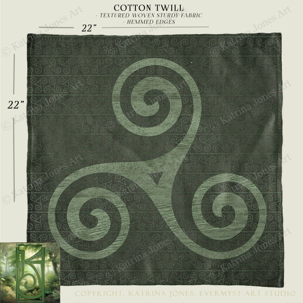 The image is a square with a large, intricate design of a spiral pattern in a dark green color. The design is described as a "Cotton Twill" with textured woven sturdy fabric and "HEMMED EDGES". The image is labeled with dimensions of 22 inches by 22 inches.