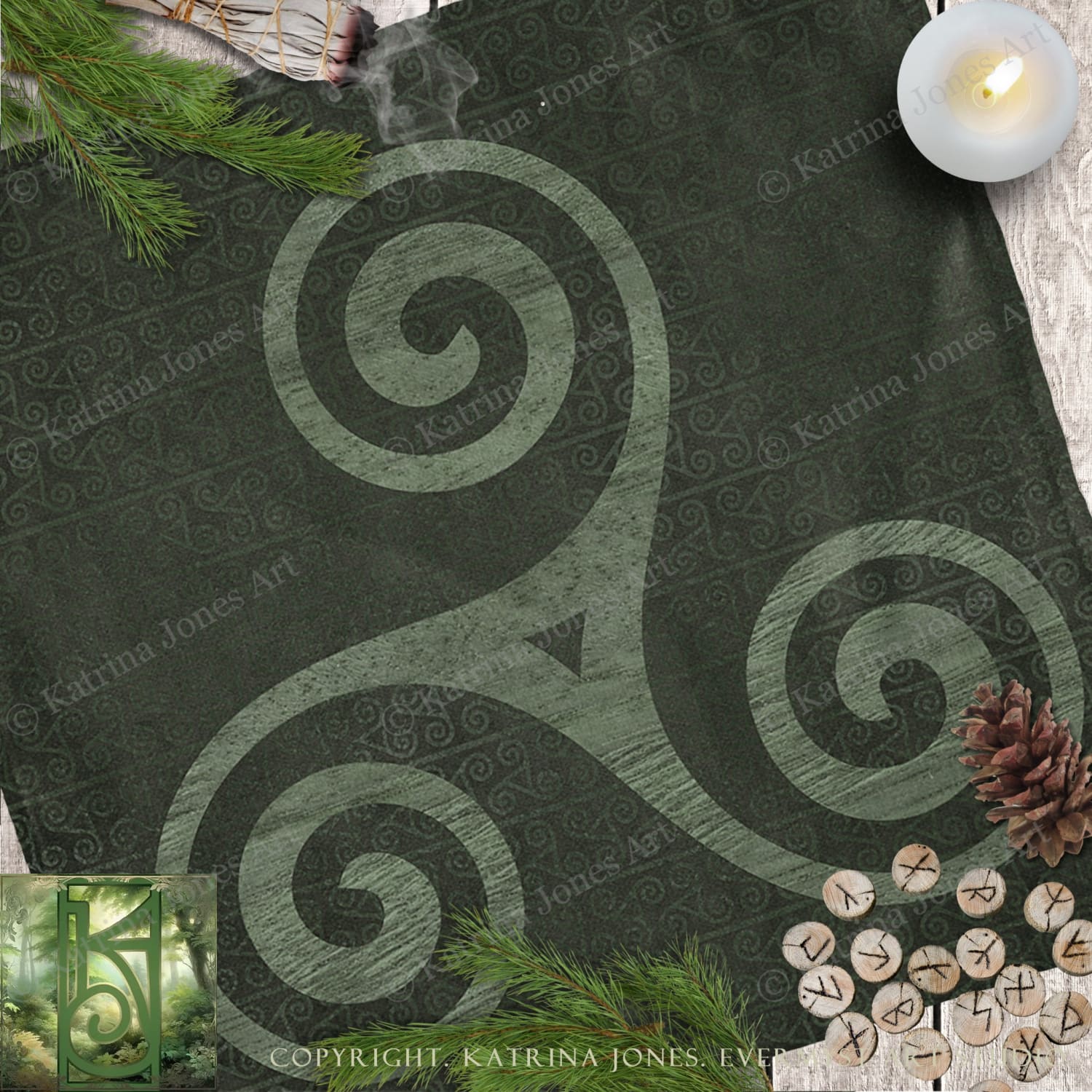 a dark green cloth with a spiral design, pine branches, a lit candle, and some wooden beads or markers.