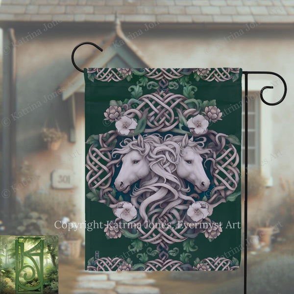 A banner featuring a detailed illustration of two white horses with flowing manes, surrounded by intricate floral designs and a Celtic knot pattern.