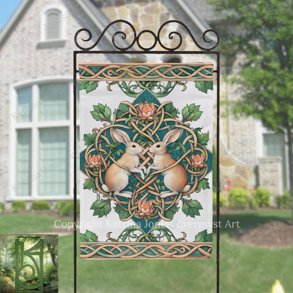 a decorative banner with a rabbit and a heart-shaped design, set against a lush green background.