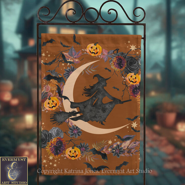 A Halloween-themed banner featuring a silhouetted witch on a broomstick flying over a crescent moon and various Halloween-themed elements such as pumpkins, bats, and flowers.