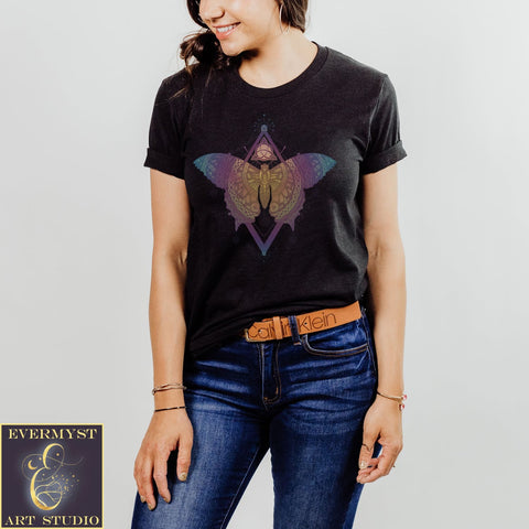 Cosmic Celtic Butterfly T-Shirt Black Graphic Tee Unisex Women’s Rainbow Boho Design T Shirt