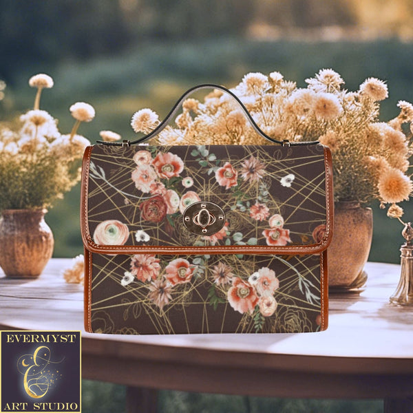 a purse sitting on top of a table next to flowers