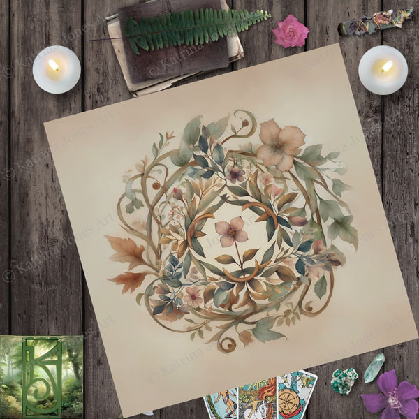 Renaissance Flower Mandala Altar Tarot Cloth - Vintage Pagan Wicca Witch Decor Square
