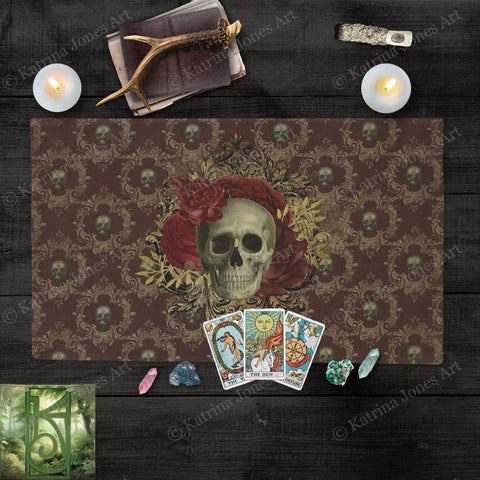 Gothic Tarot Reading Mat - Vintage Skull Altar Cloth Rec
