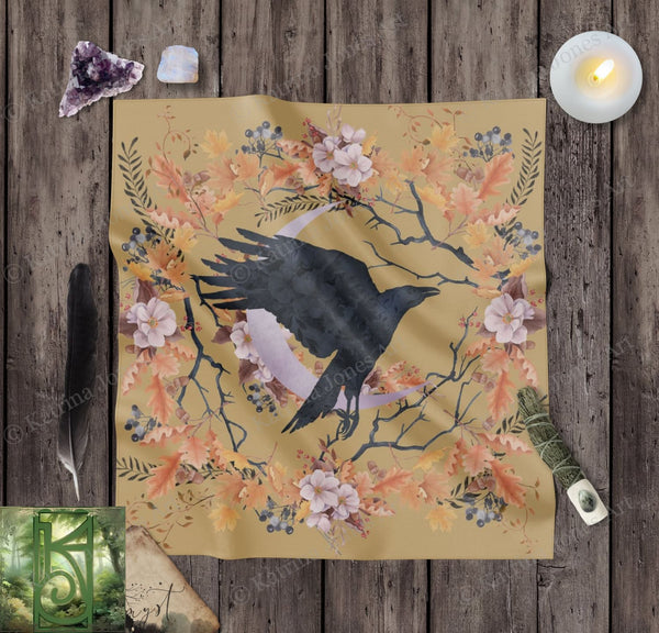 Fall Harvest Altar Cloth With Crow Design - Woodland Nature Tarot Mat Square