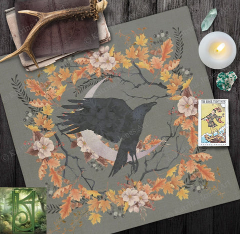 Fall Halloween Altar Cloth - Cottage Crow Moon Tarot Mat 24X24 Inch Crepe Square