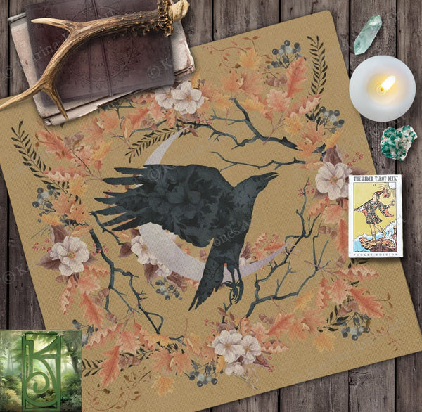 Fall Harvest Altar Cloth With Crow Design - Woodland Nature Tarot Mat Square
