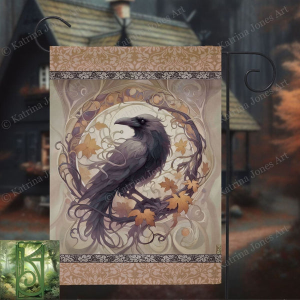 a painting of a black bird on a tree branch