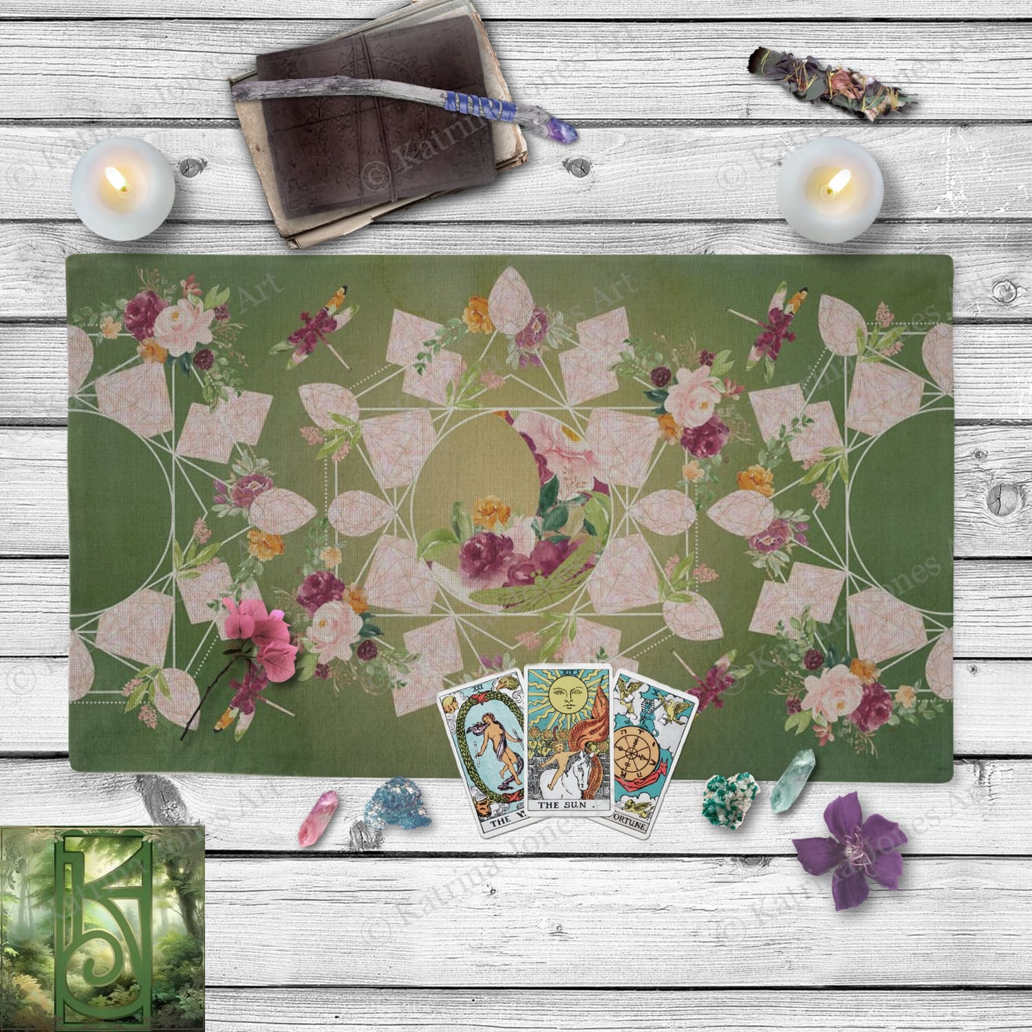 Green Geometric Altar Cloth - Witchy Summer Decor For Litha Cotton Twill Rec